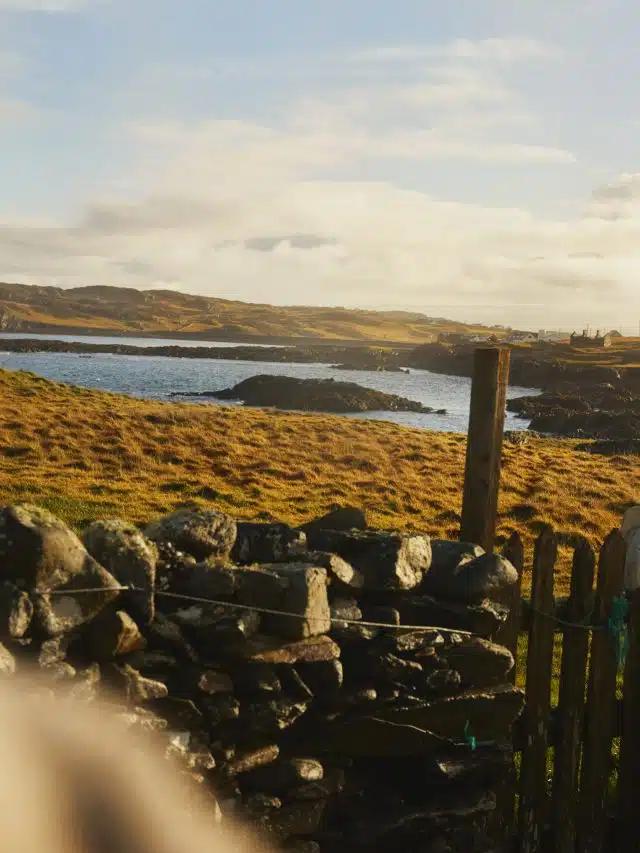 Inishbofin's North Beach, with russet grass and a rough stone wall in the foreground