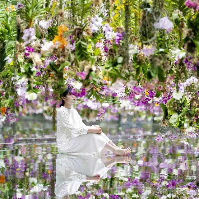 A woman sits beneath hanging flowers at the Floating Flower Garden exhibition at teamLab Planets Tokyo