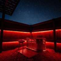 Red lights illuminate the wooden walls of the garden area and metal hot tub at a Vrbo holiday rental property out in the desert in Terlingua, Texas