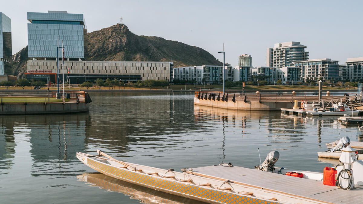 Exploring Tempe waterfront and urban landscape near Phoenix in Arizona with modern buildings and serene waters