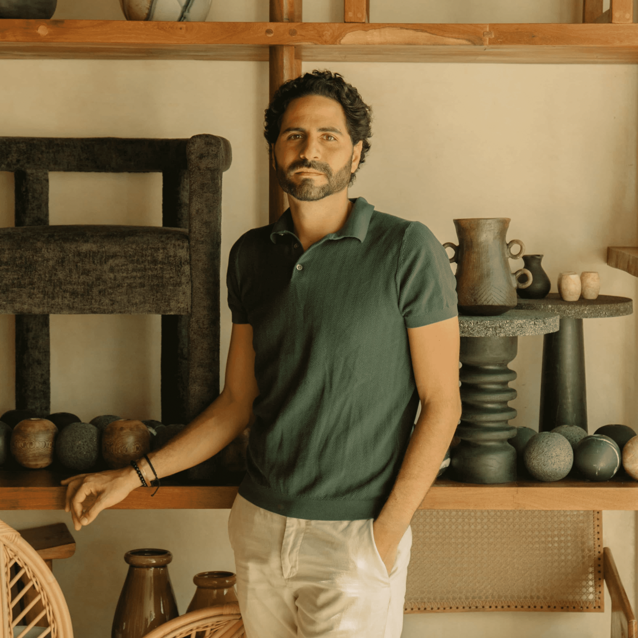 Daniel Orozco in his showroom and studio in Tulum, Mexico, surrounded with ceramics and furniture