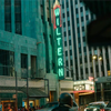 The green neon sign outside art deco venue, The Wiltern, in LA
