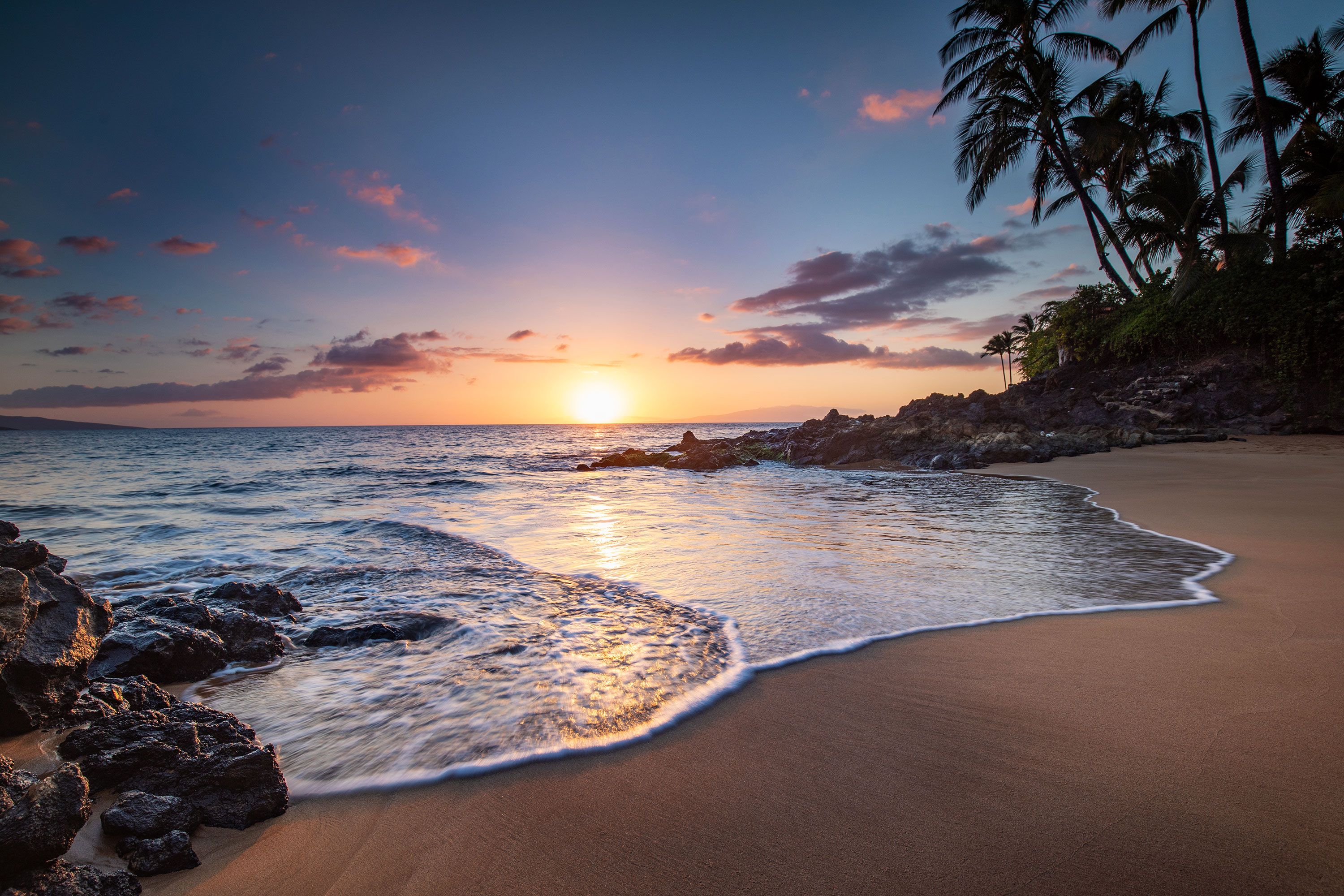 The sun setting over the ocean as the water comes up on the beach with rocks and palm trees in the background.
