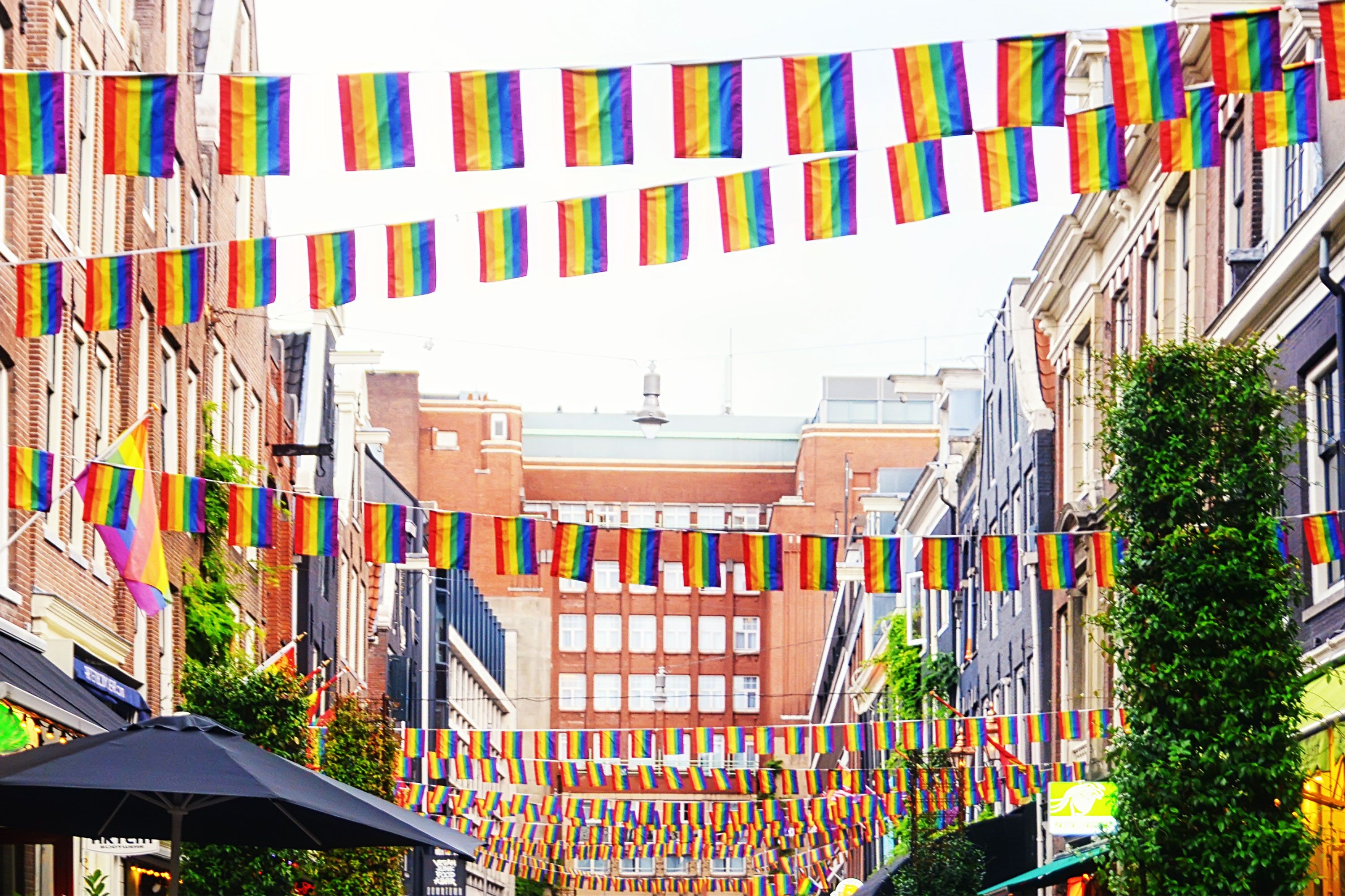 A city street decorated with rows of rainbow pride flags hanging across the roadway and along building façades, creating a vibrant, festive atmosphere.