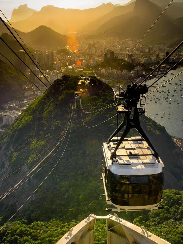 An aerial view of the cable car system on a sunny day on Corcovado mountain in Rio de Janeiro, Brazil