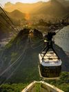 An aerial view of the cable car system on a sunny day on Corcovado mountain in Rio de Janeiro, Brazil