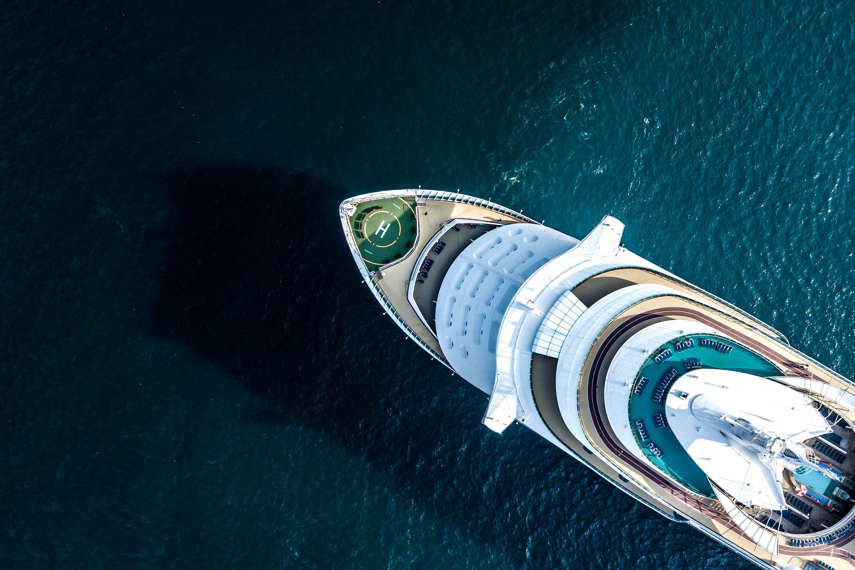 An aerial view of a cruise ship at sea.
