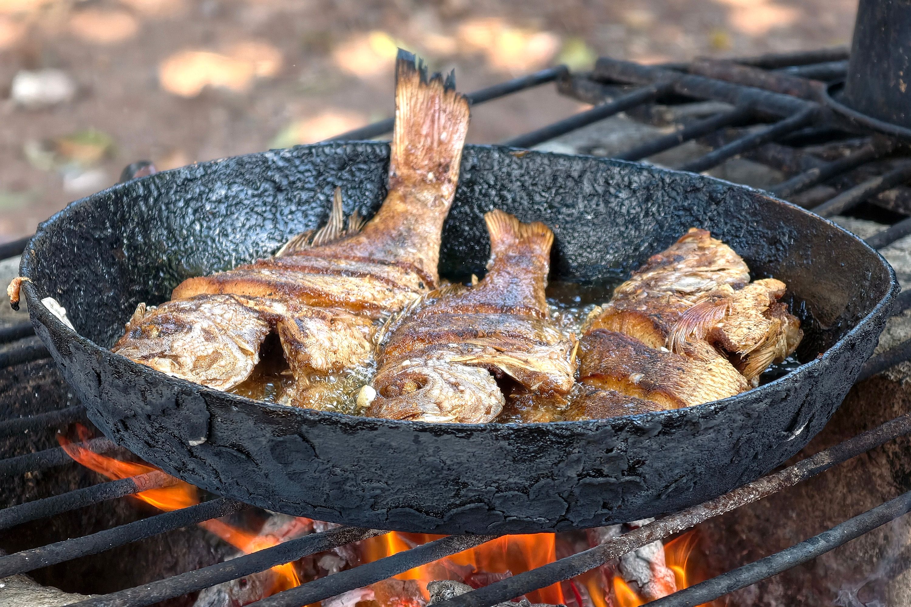 Whole fish panfried over an open fire in a cast iron pan.