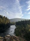A view of a river in Montana, with forested hills and blue sky