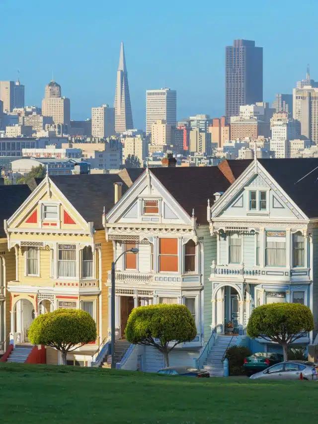 The colorful Victorian and Edwardian houses, aka the Painted Ladies, that line Alamo Square in San Francisco, California