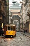 A yellow tram in Milan, Italy
