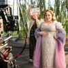 Nicola Coughlan filming a scene as Penelope Featherington in Bridgerton season three