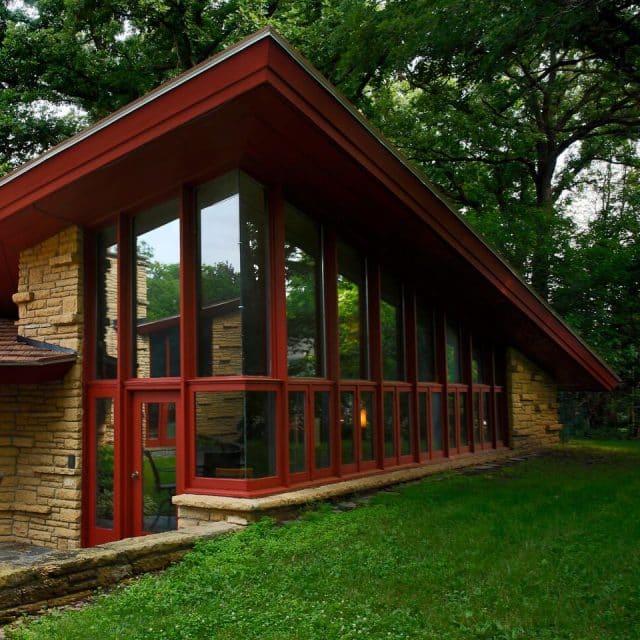 The angular exterior of The Elam House, by Frank Lloyd Wright
