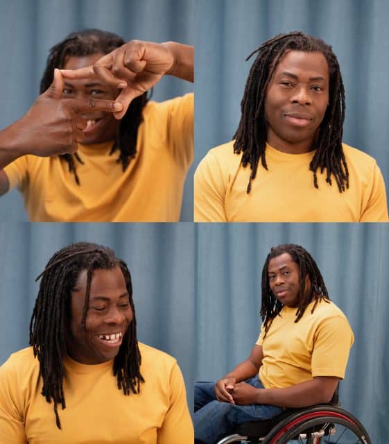 A passport style quartet of images of Ade Adepitan, joking around, laughing, and posing in his wheelchair