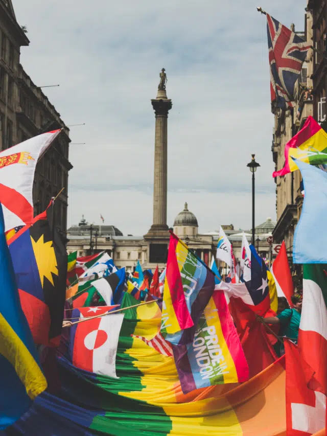 A sea of flags, including rainbow ones for Pride, heading towards Trafalgar Square, London