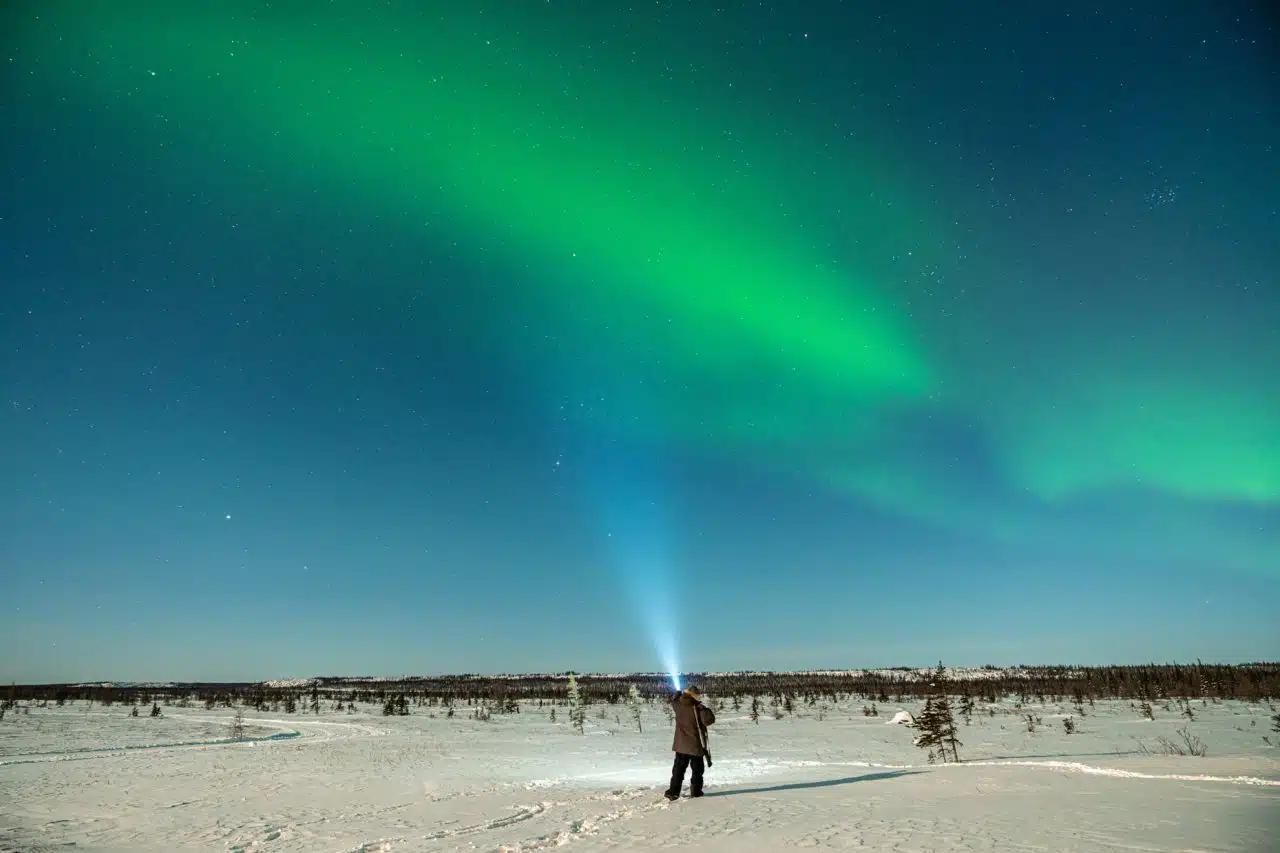 A person dressed for cold weather stands in a snowy field, looking up at the green aurora in the sky