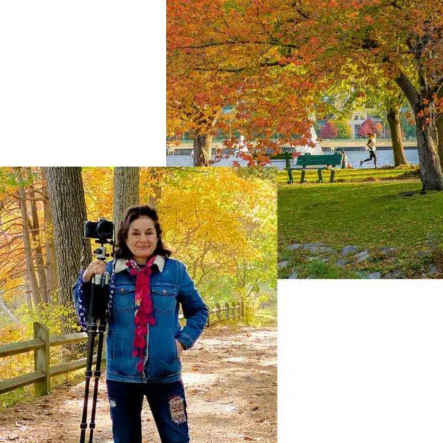 Local photographer and walking tour guide Saba Alhadi with her camera in the park surrounding by fall foliage in Boston, Massachusetts