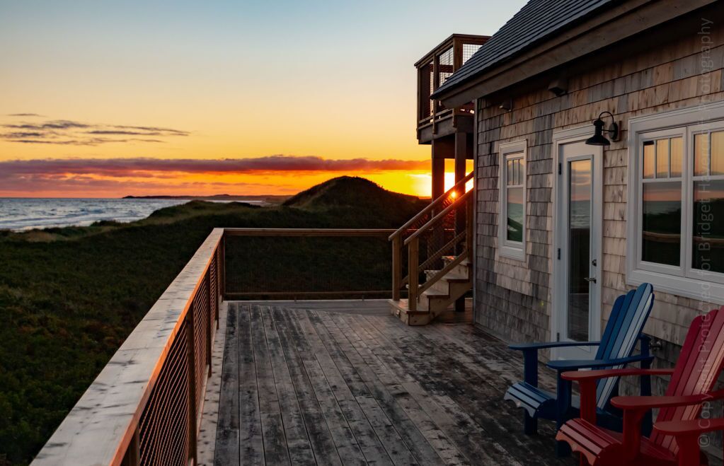 Sea Dunes Beach House - St. Peter's Harbour, Prince Edward Island - Deck and Sunset