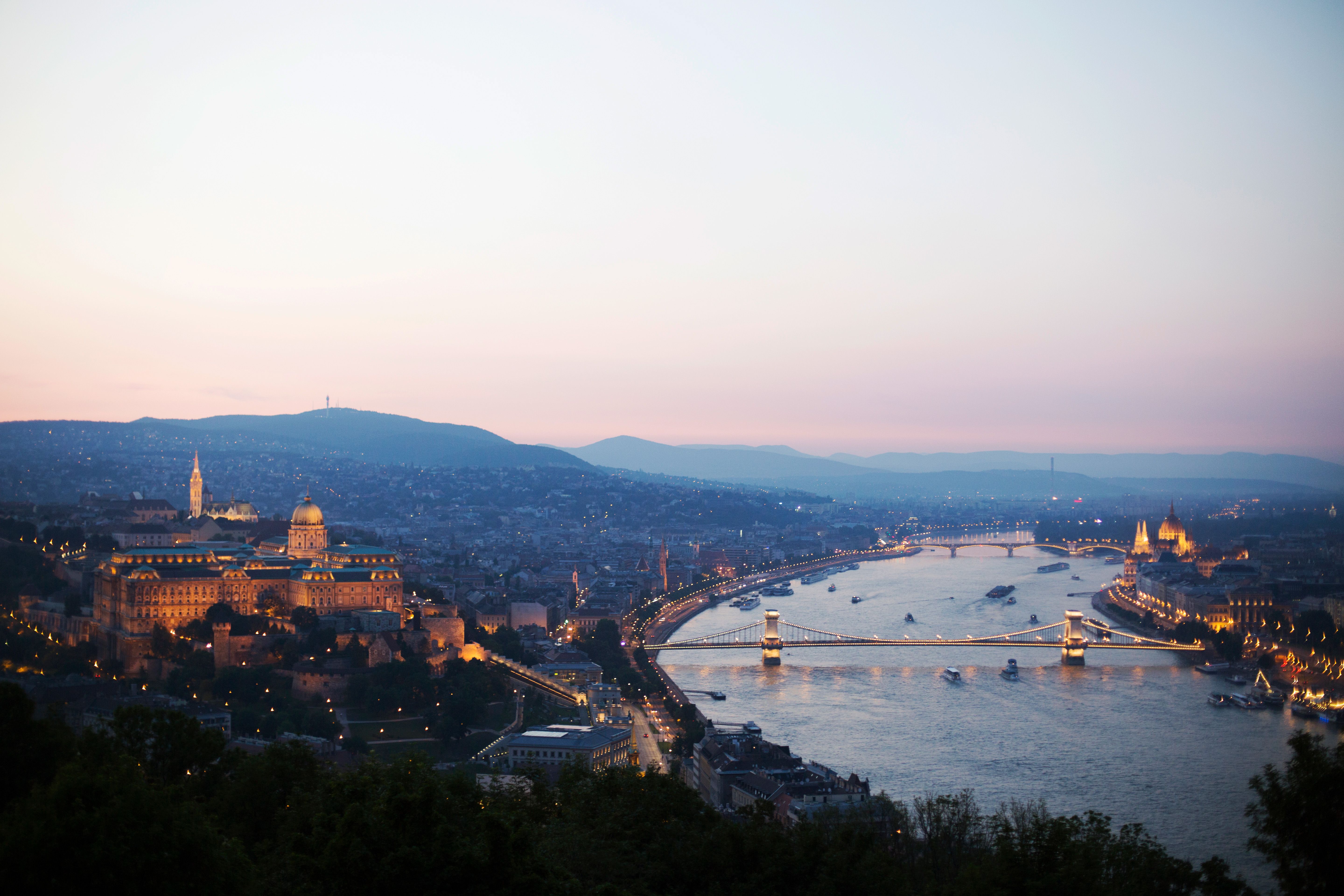 Budapest’s lights tracing the curves of the Danube