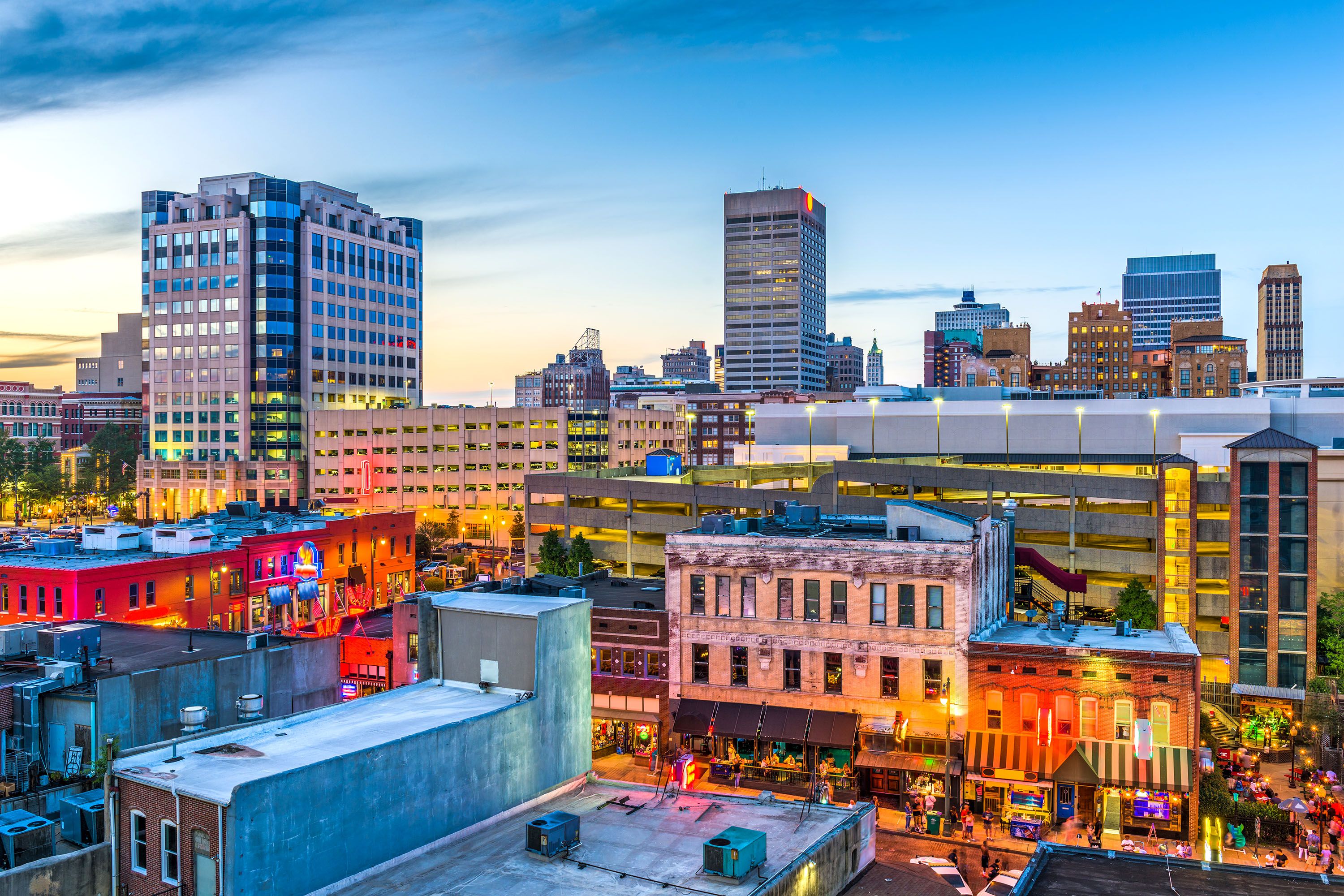 Downtown Memphis and Beale Street at dusk.
