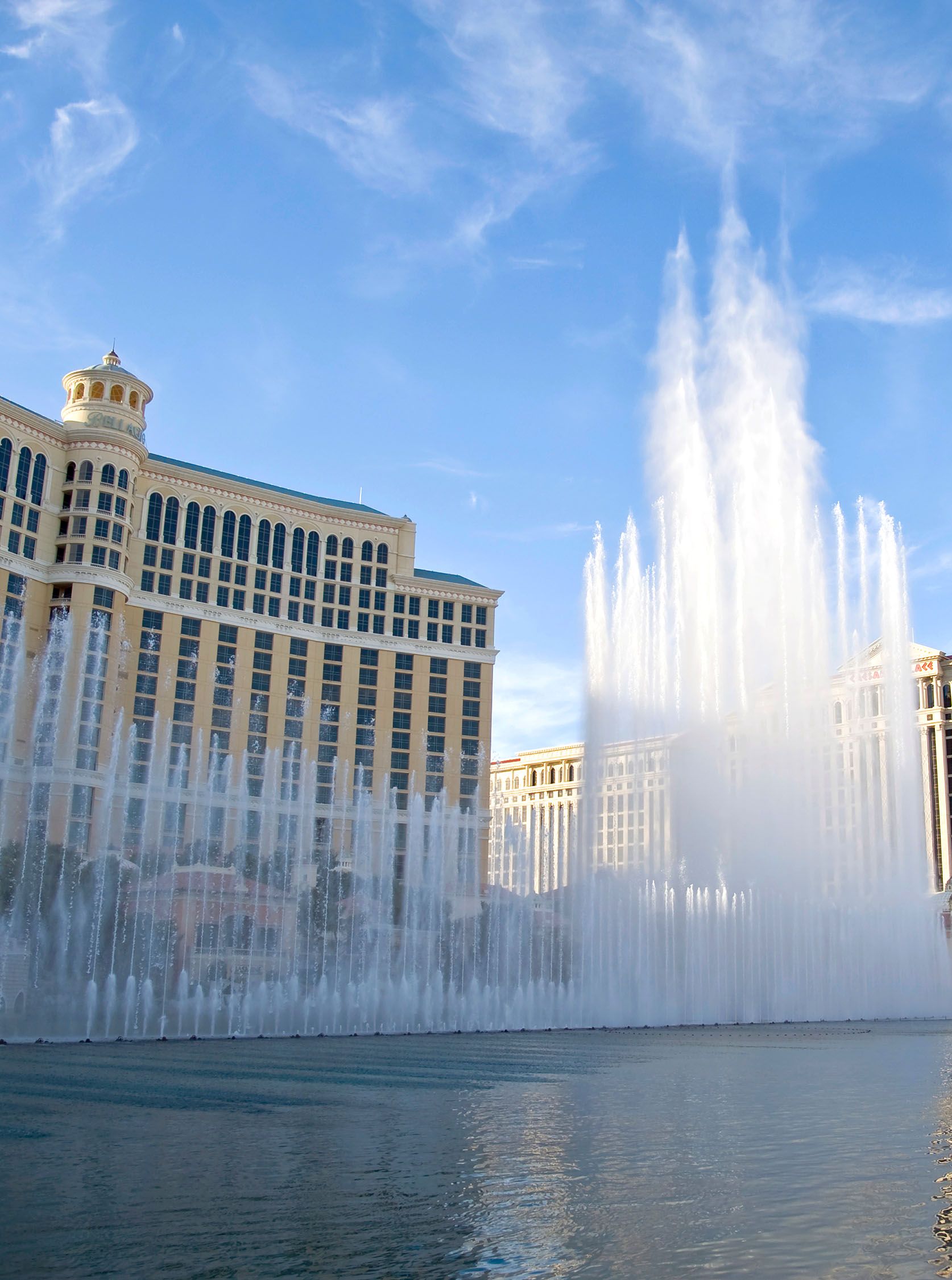 A fountain erupts outside the Bellagio Hotel.