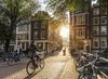 A cyclist crosses a bridge in Amsterdam