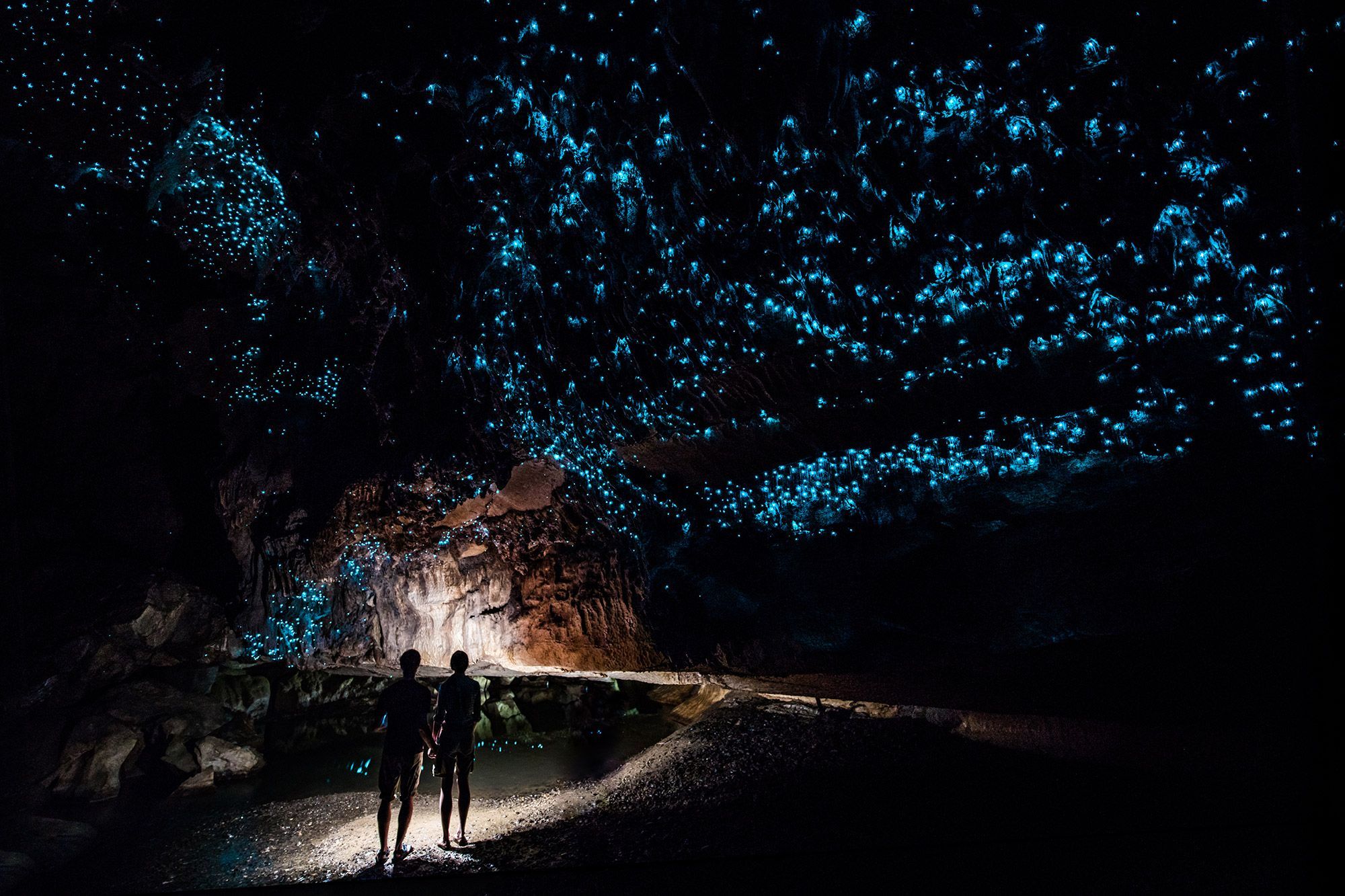 A couple standing in the Waipu Cave in New Zealand with blue marks glowing above them.
