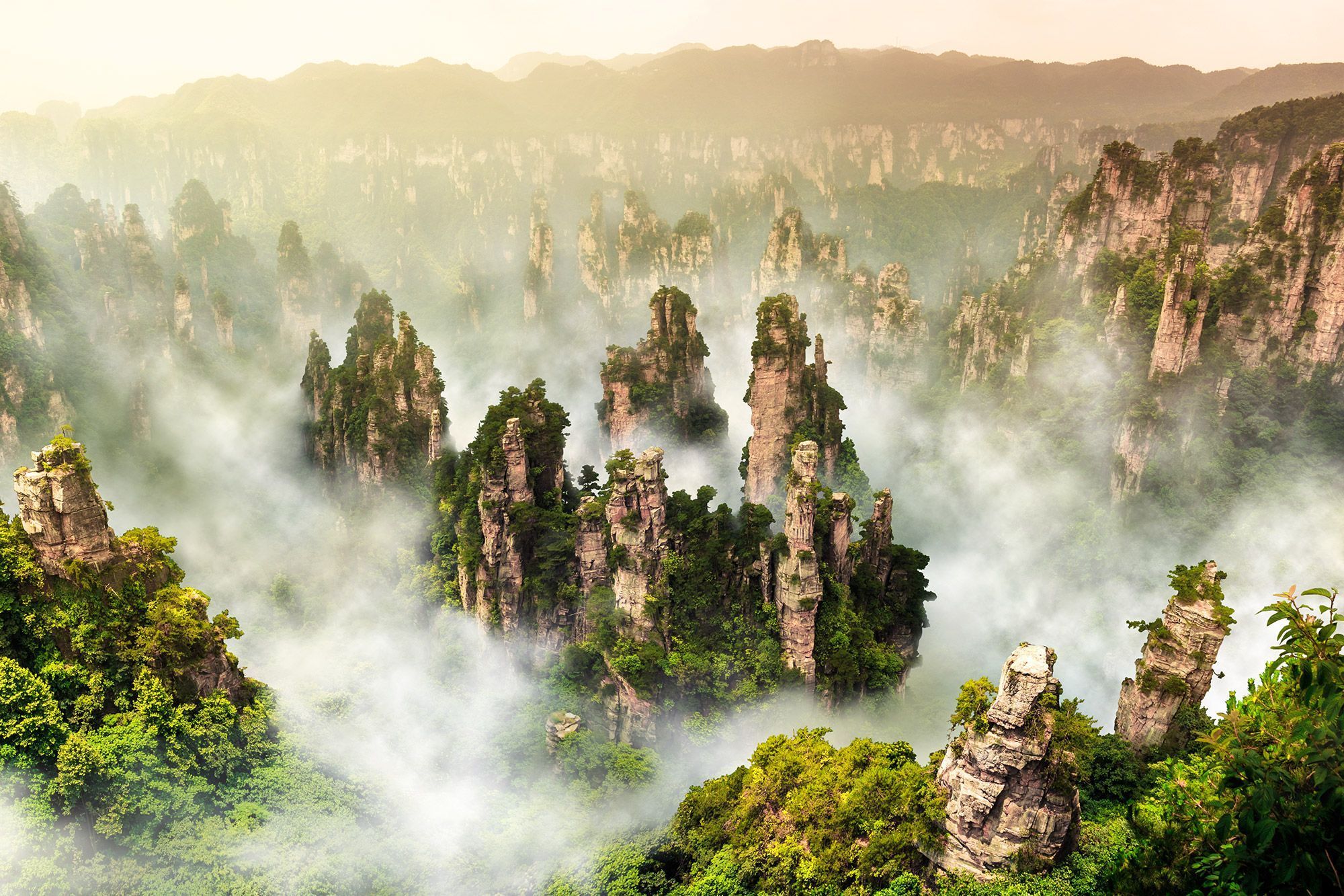 Aerial view of the pillar mountains of Zhangjijie, China through fog.