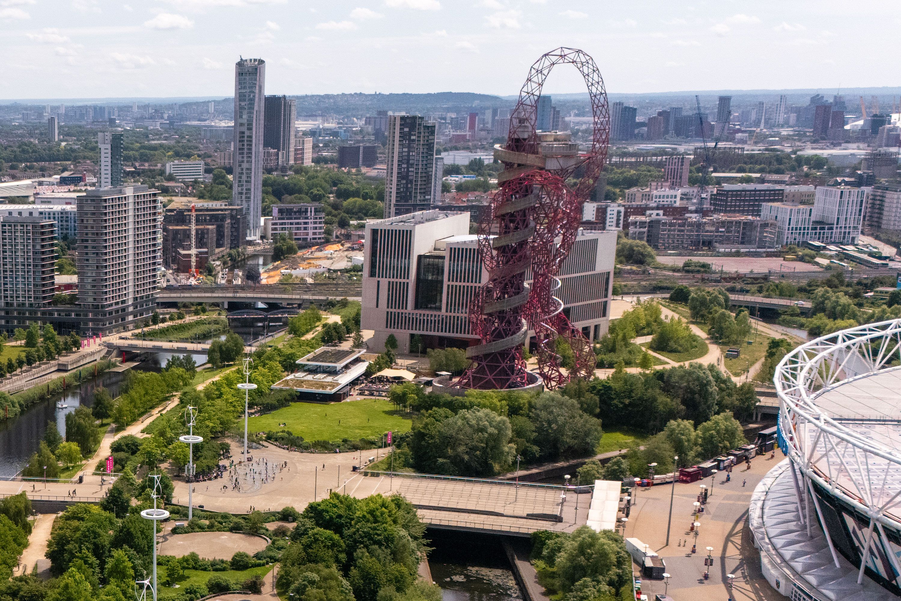 The ArcelorMittal Orbit rises above Queen Elizabeth Olympic Park in London.