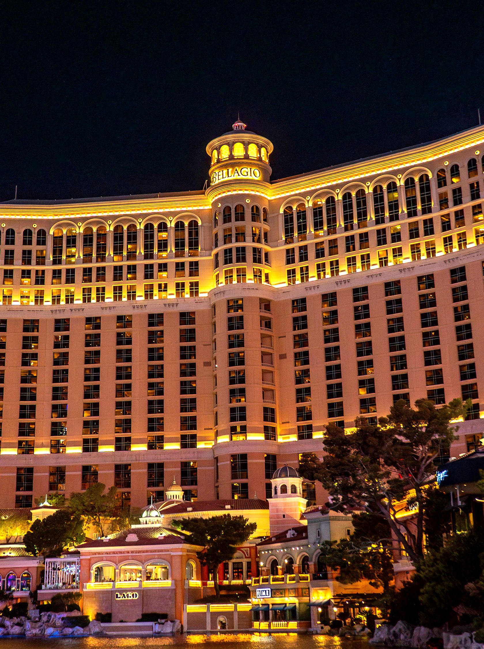 Façade of Bellagio Hotel at night in Las Vegas.