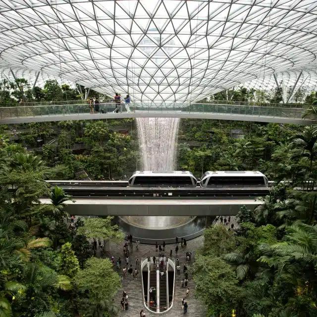 Water pours through an inverted glass dome roof and into a tree-filled atrium at Singapore Changi Airport