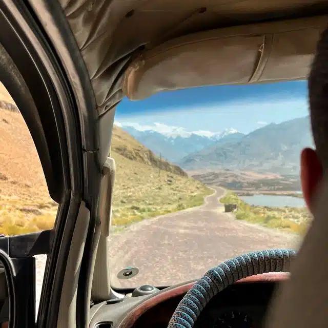 Entering the Pamirs. “Afghanistan was to our right, over the water,” says Antola. “The only thing that sometimes didn’t feel safe was the roads, but as our guide said, 15 years ago, there were no roads here, only footpaths.”