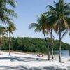 Two people sit on the beach between palm trees at John Pennekamp Coral Reef State Park, Florida