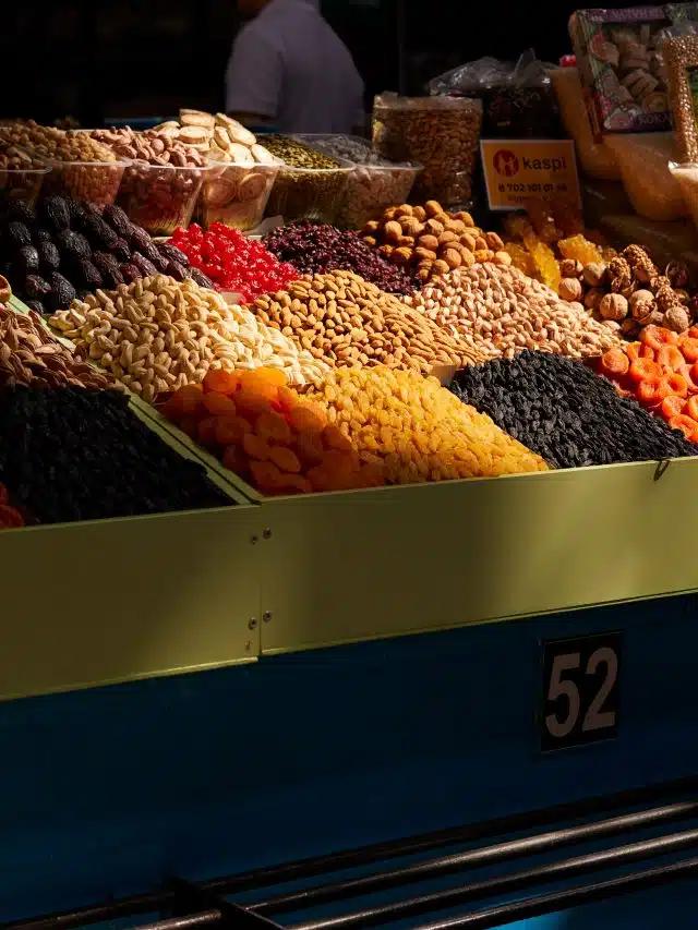 Nuts and dried fruit at Zelyony Bazaar, in Almaty, southern Kazakhstan