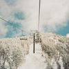A ski chairlift ascends a snowy mountain covered with trees