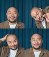 A quartet of passport-style images of David Chang smiling, rubbing his head, and pointing at the camera