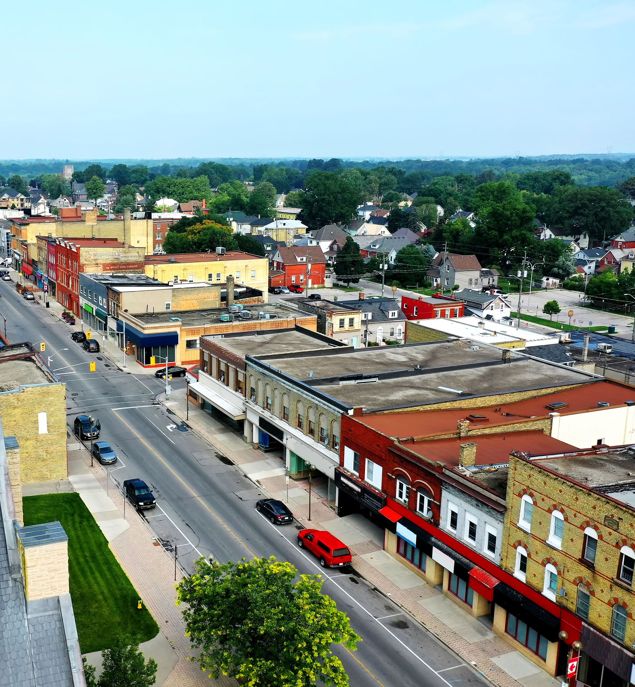 Overhead photo of a small downtown area 