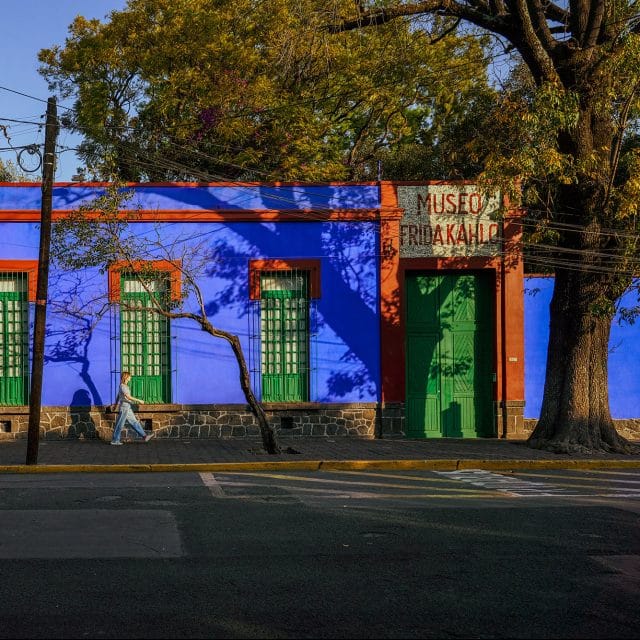 The brightly colored exterior of Frida Kahlo’s Casa Azul in Mexico City