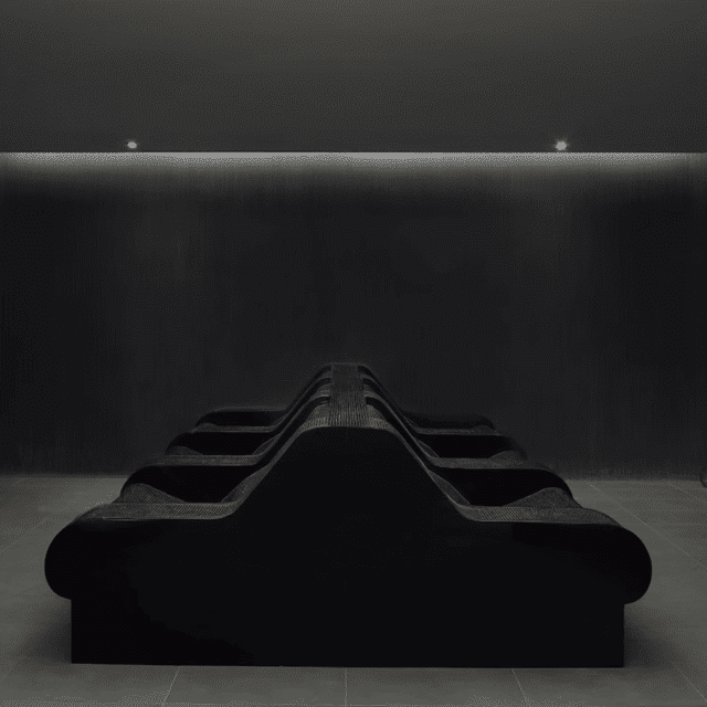 A symmetrical bank of black reclining chairs stand on a black tiled floor in a health spa room