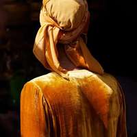 A painterly image of a woman from behind, wearing mustard velvet and a matching scarf knotted around her head