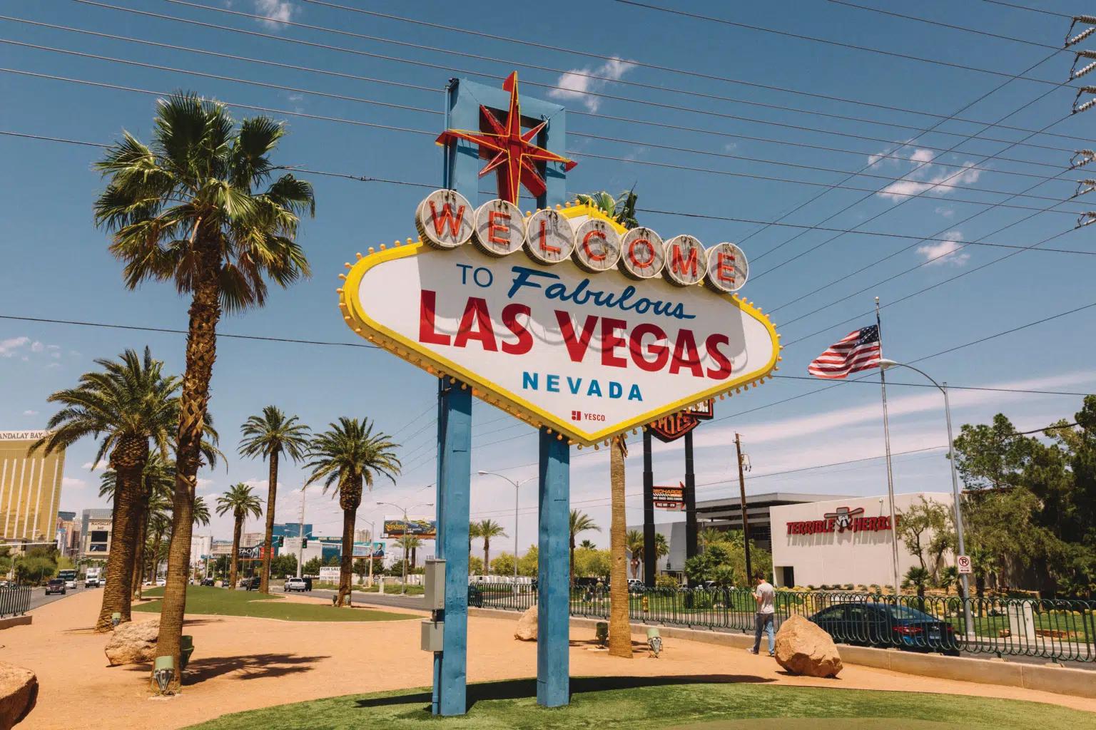 A brightly coloured neon sign welcomes visitors to Las Vegas, Nevada