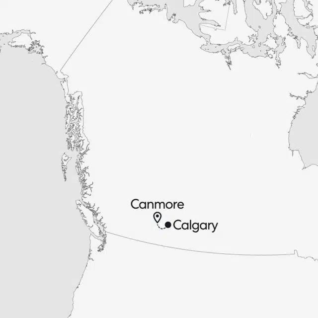 A map showing Canmore and Calgary in Canada