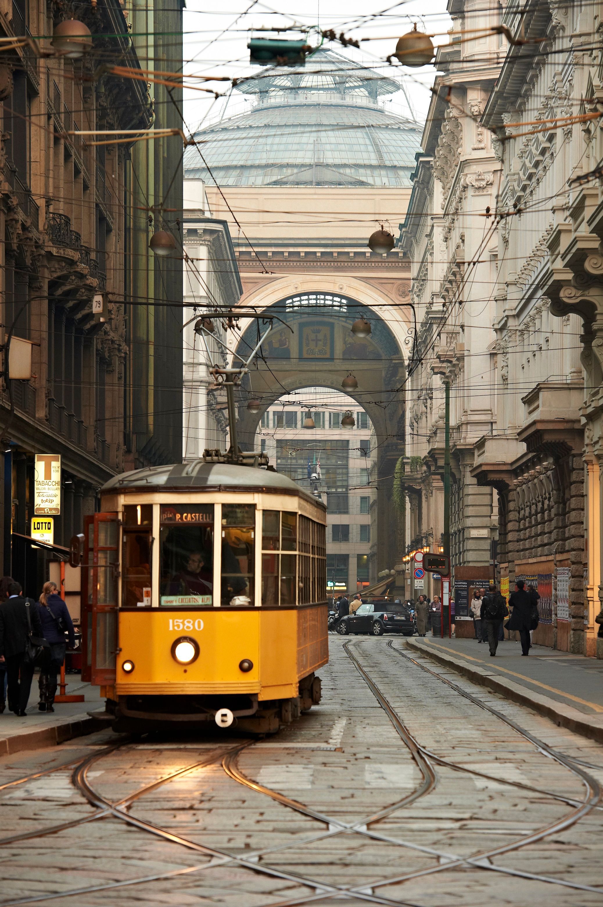 A yellow tram in Milan, Italy