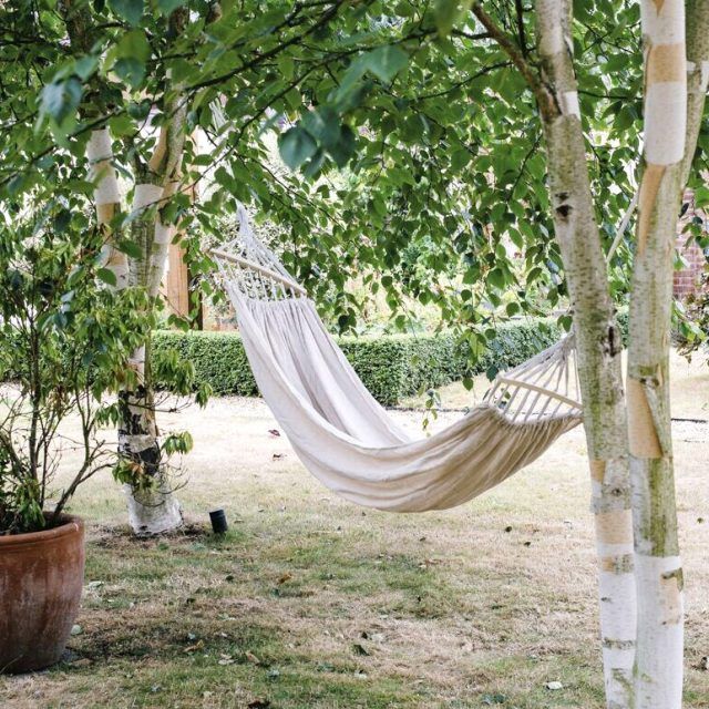 A hammock strung between trees at a Vrbo in Norfolk, England