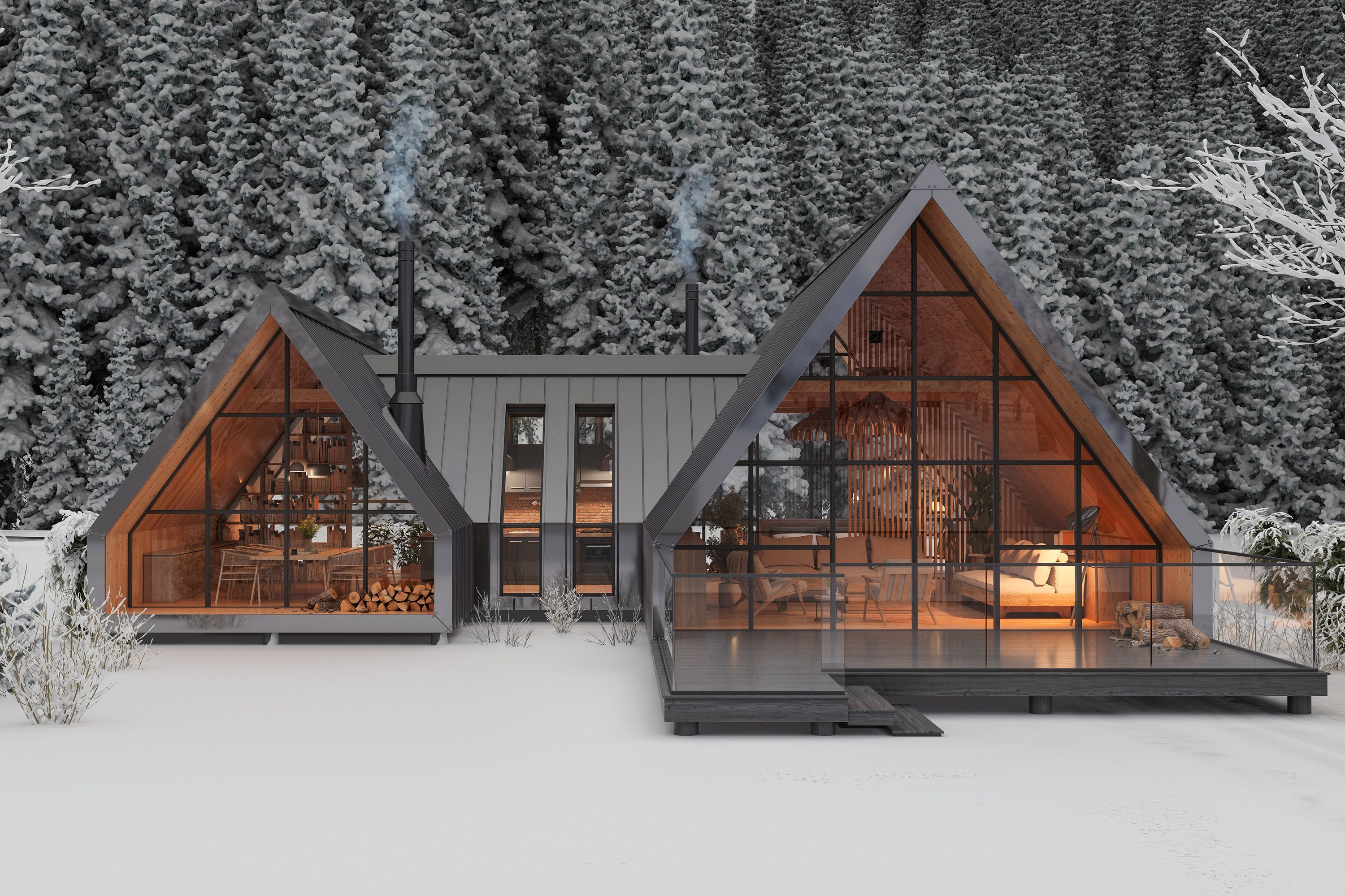 A-frame cabin with glass walls in a snowy forest, showcased by Vrbo as an ideal vacation rental for a serene mountain getaway.