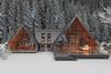 A-frame cabin with glass walls in a snowy forest, showcased by Vrbo as an ideal vacation rental for a serene mountain getaway.