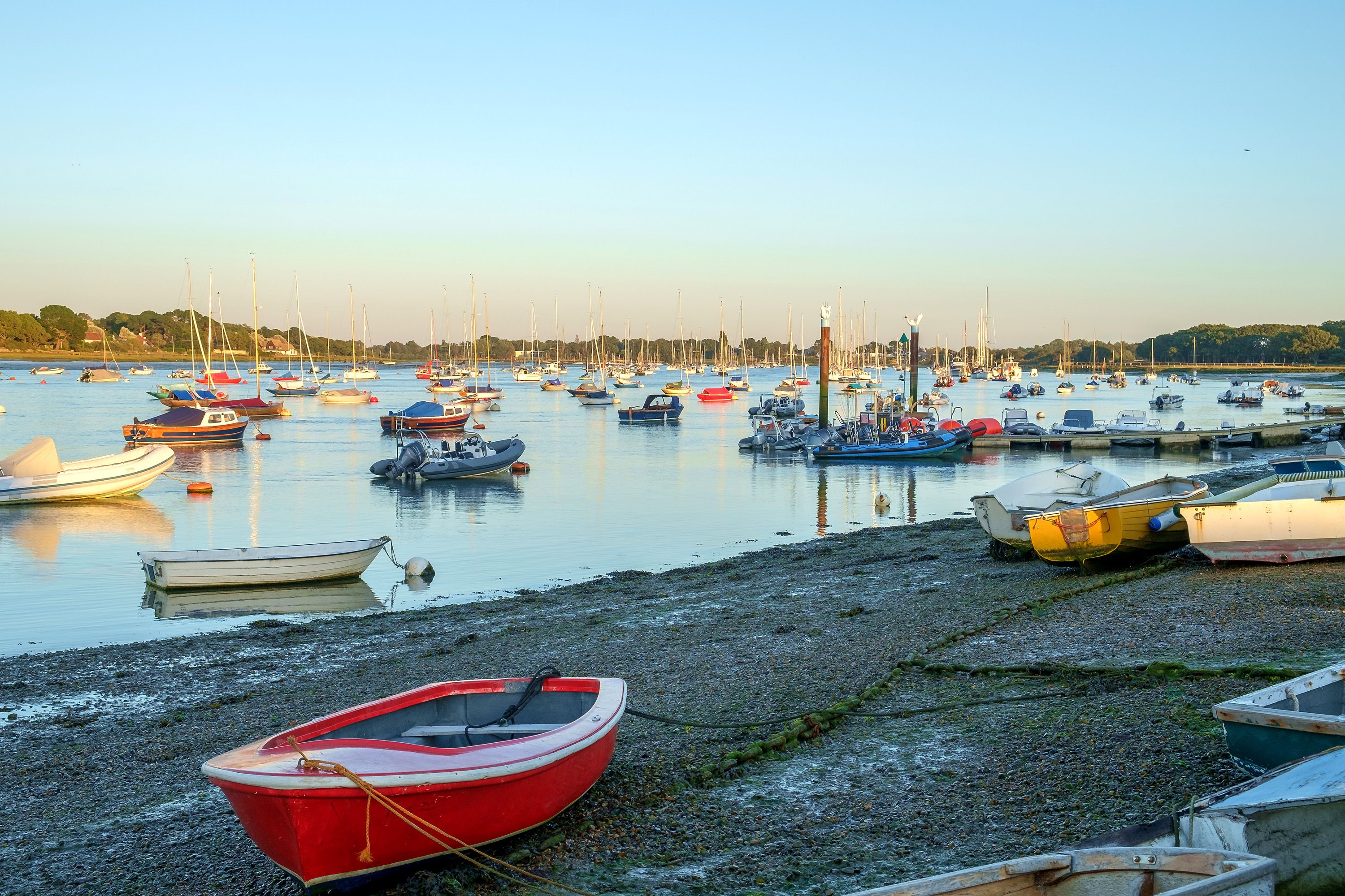 Small orange row boat in the foreground on shore with many other boats in the harbor behind.