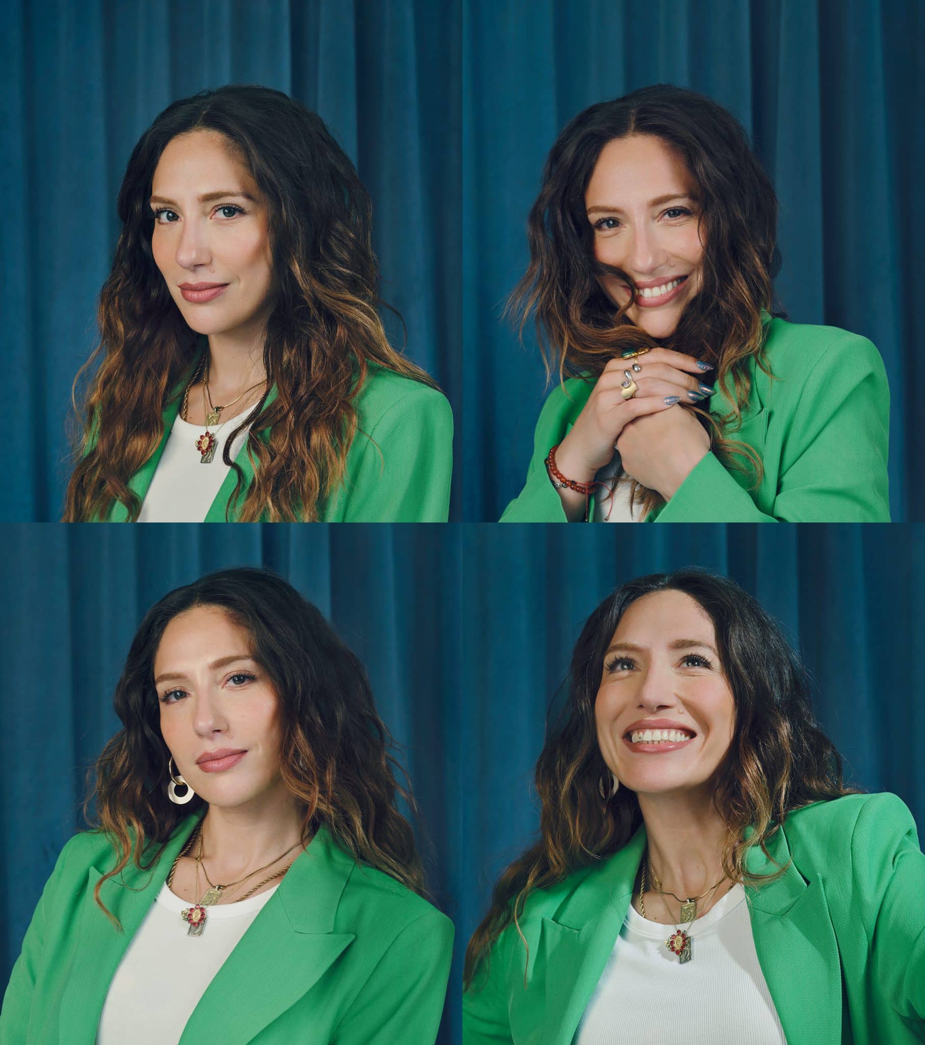A passport style quartet of images of Tefi Pessoa, smiling and laughing
