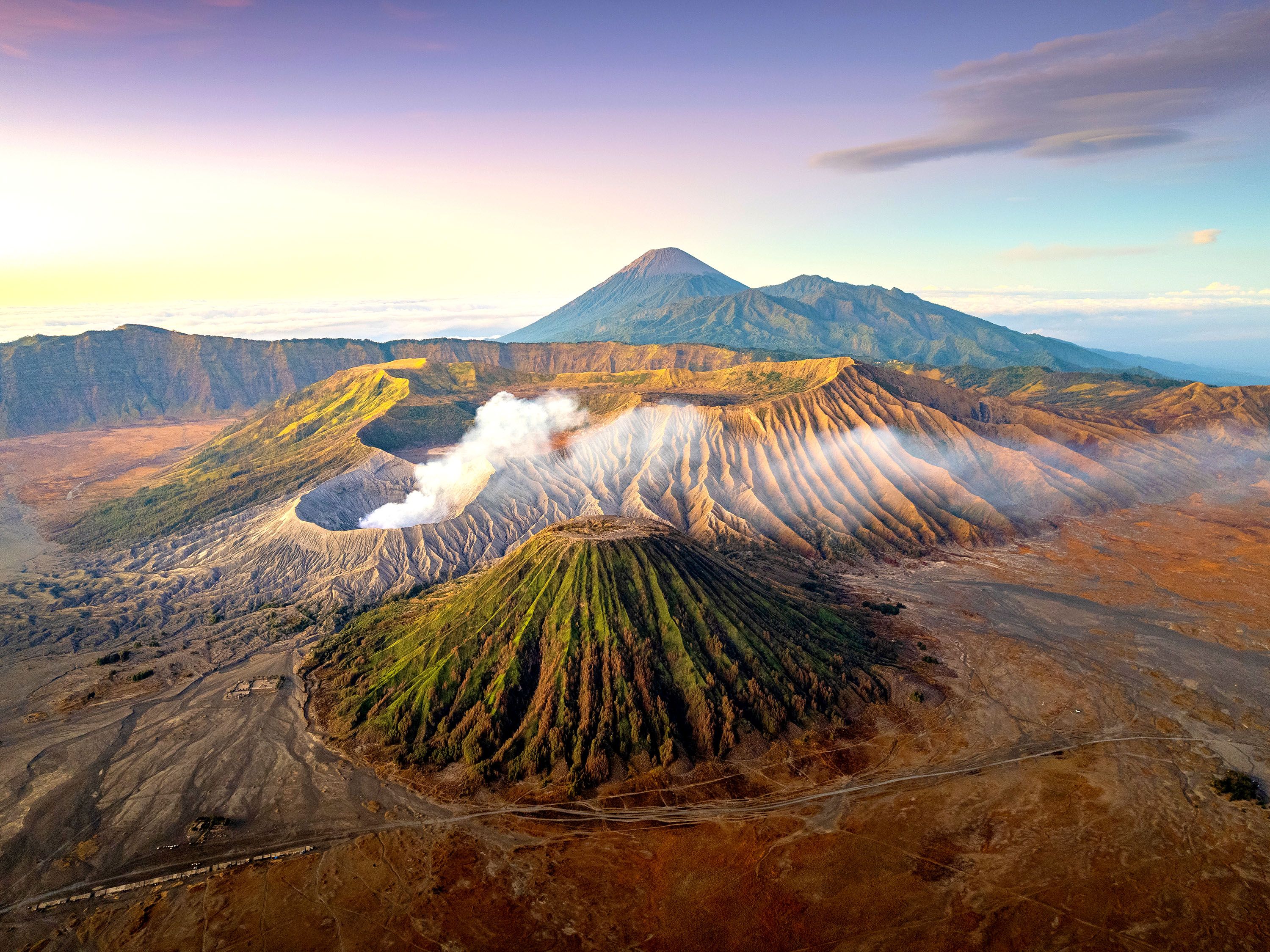 Aerial photo of mountains and volcano