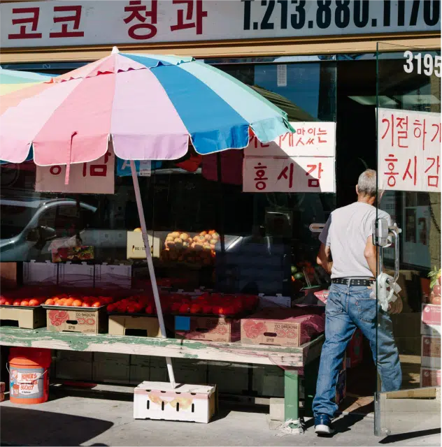 Produce piled up outside a Korean grocery store, Koreatown, LA